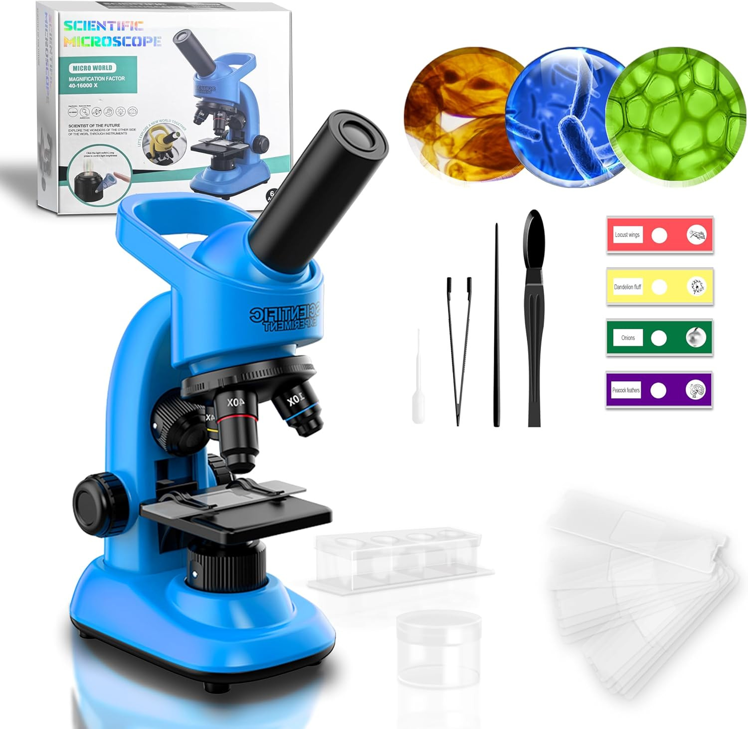 Kids Microscope Kit 40-1600x with LED Lights & Tools for STEM Learning Ages 6-12