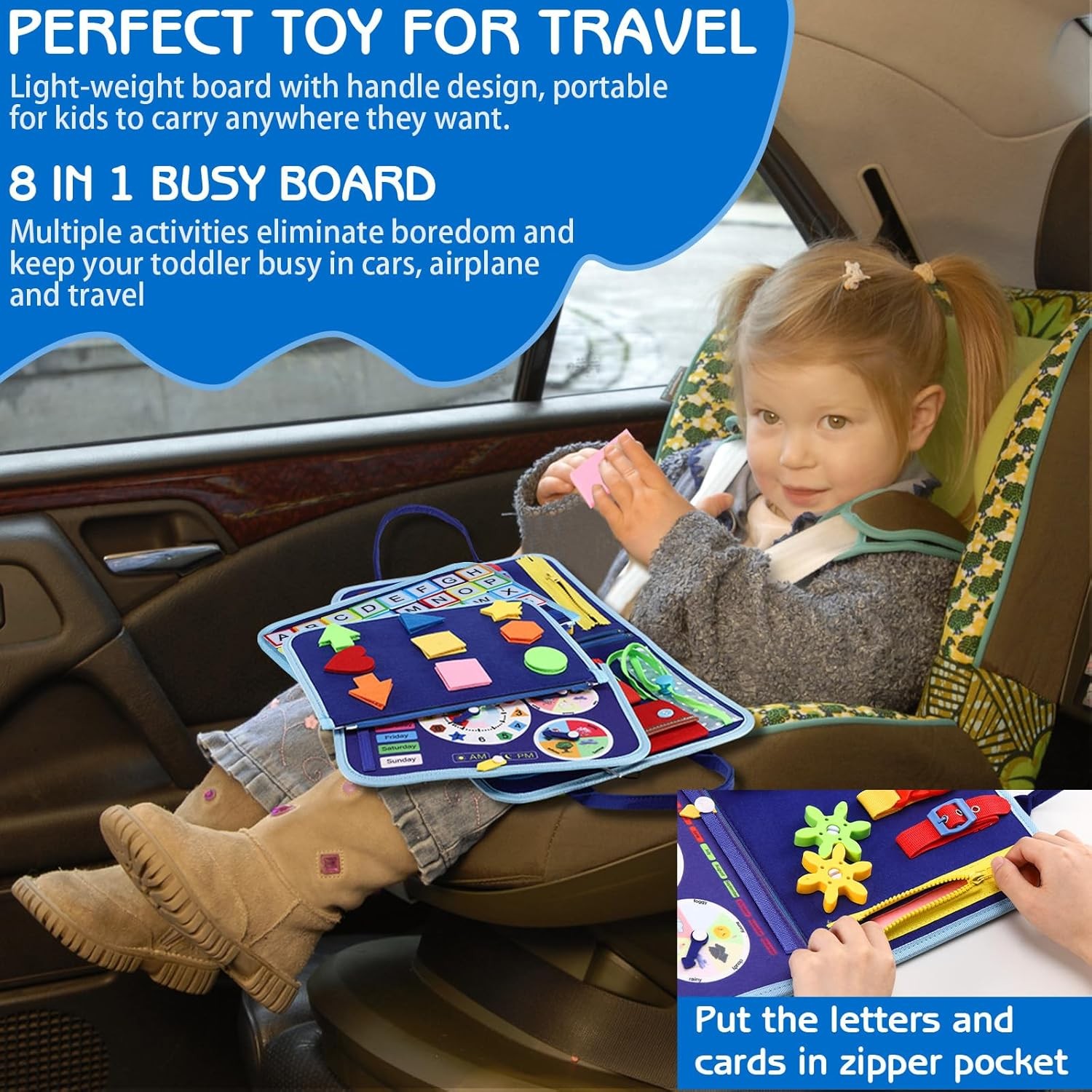 Esjay Toddler Busy Board Montessori Sensory Book Blue Dinosaur Fine Motor Skills
