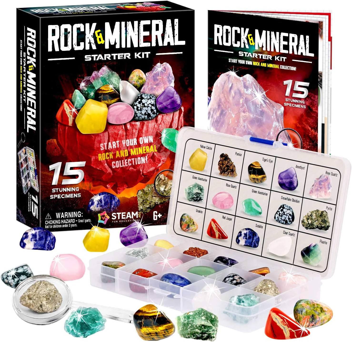Rocks Collection – 15-Piece Rock Collections for Kids – Cool Geology Gem Kit wit