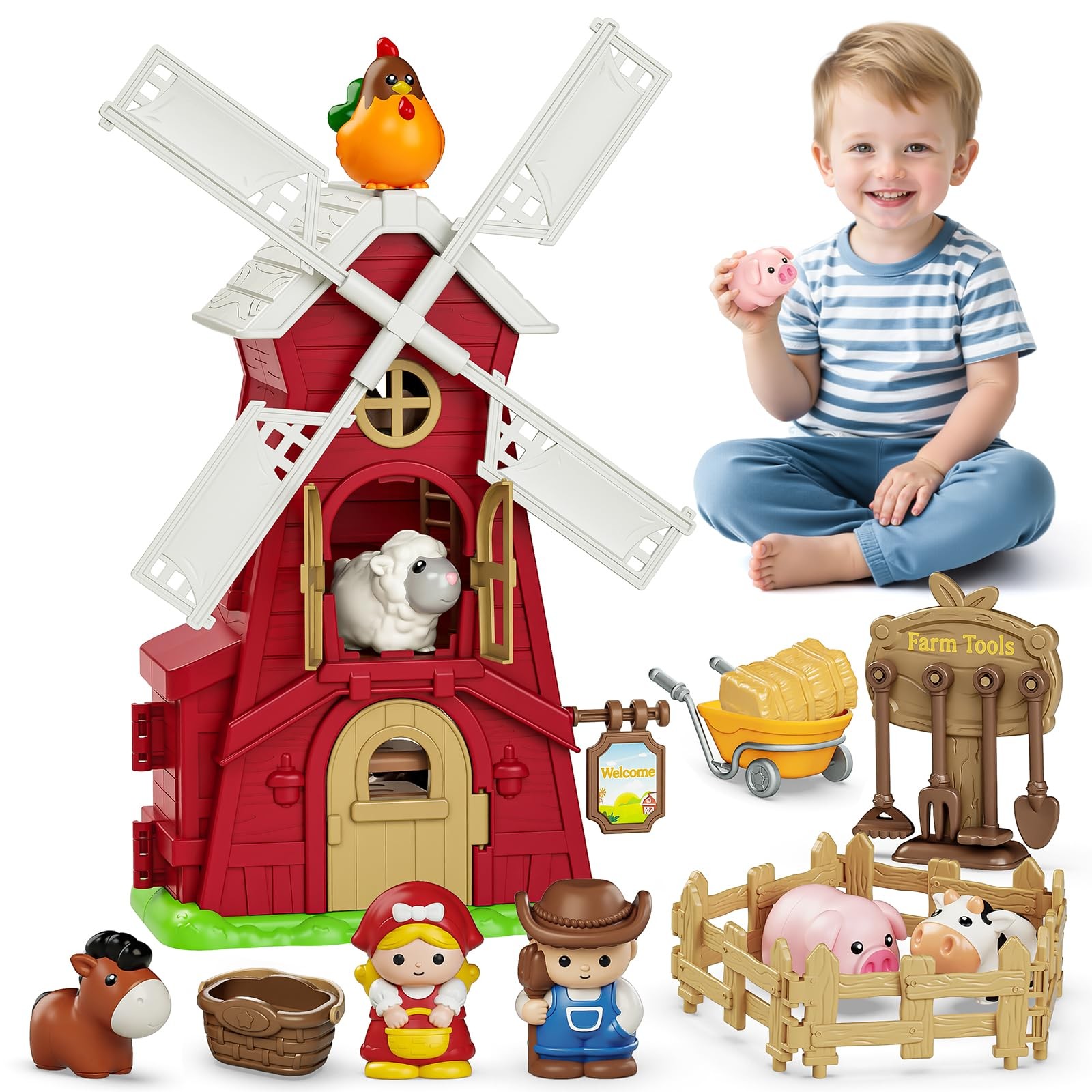 Toys for 1 2 3 Year Old, Farm Animals Windmill Barn Montessori Educational To…