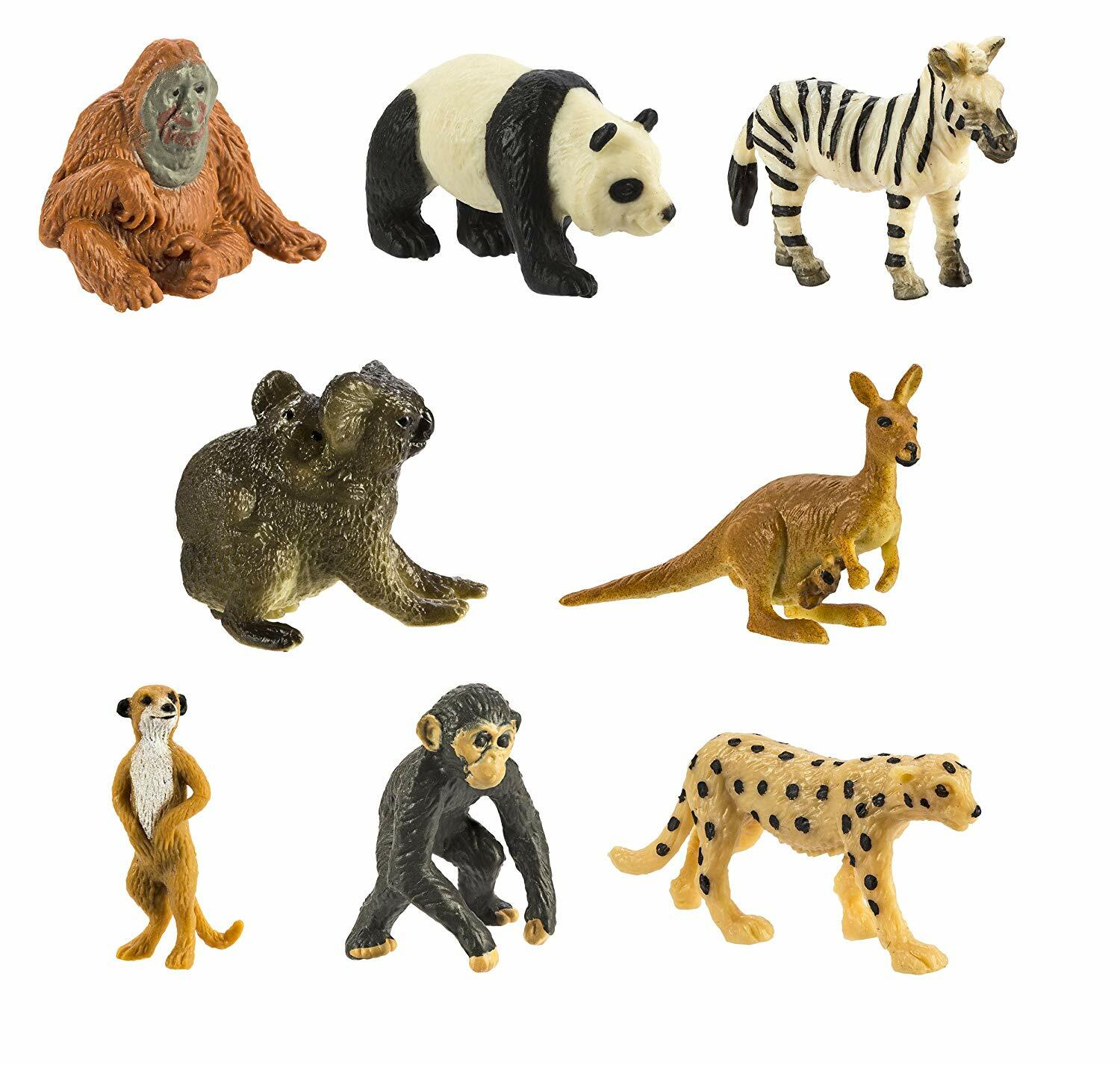 Set of 8 Miniature Animals/ orangutan,chimp,kangaroo,panda,zebra,koala,kangaroo