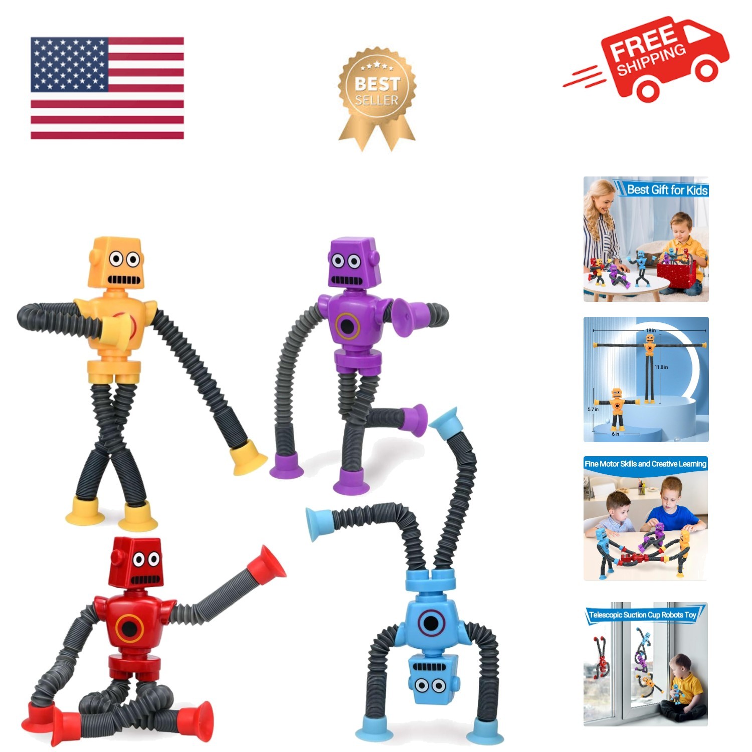 Robot Toys 4 Pack, Telescopic Suction Cup Robots Autism Pop Tubes Sensory Fid…