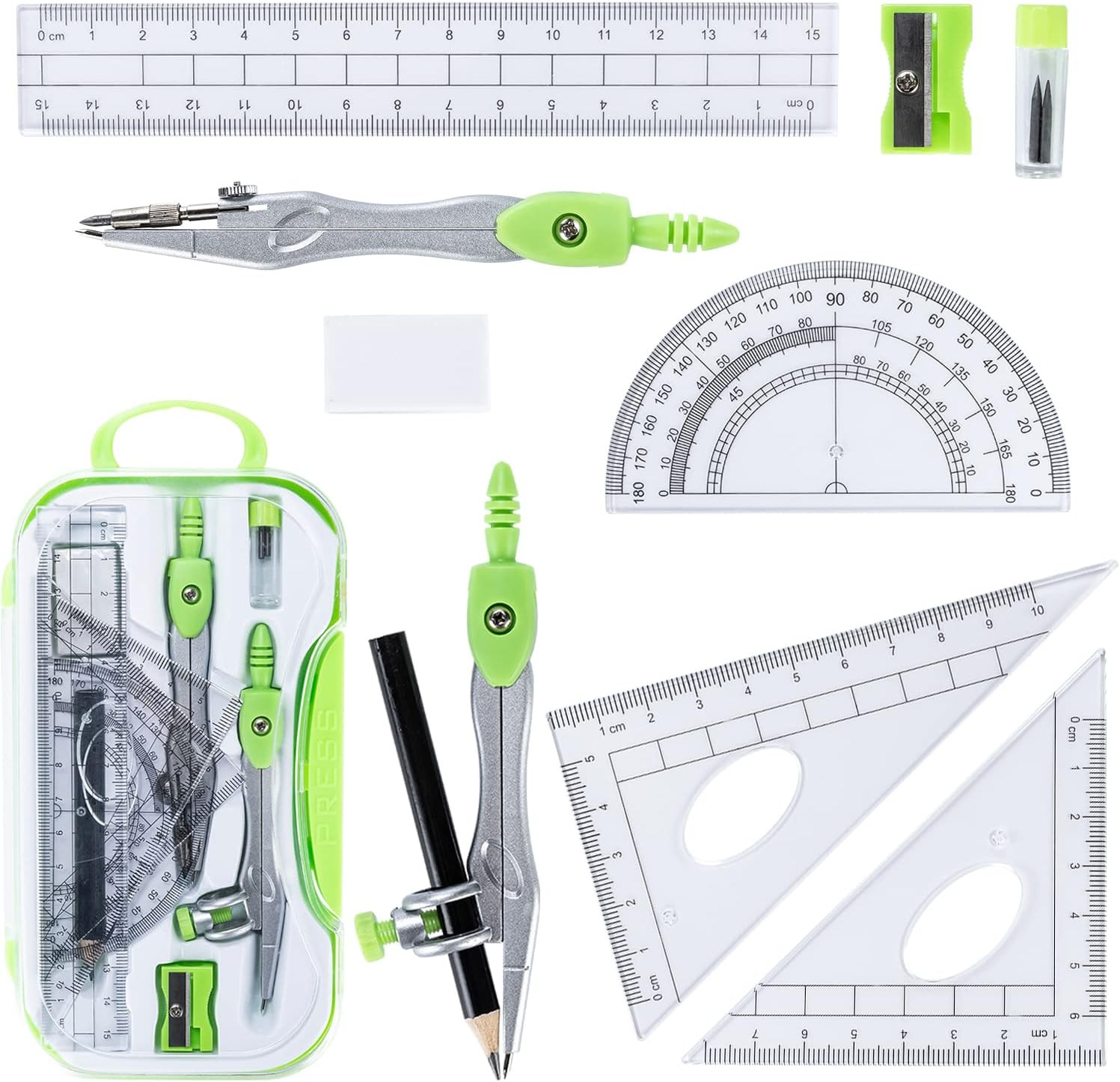 10 Pieces Math Geometry Kit Set with Shatterproof Storage Box, Student Supplies