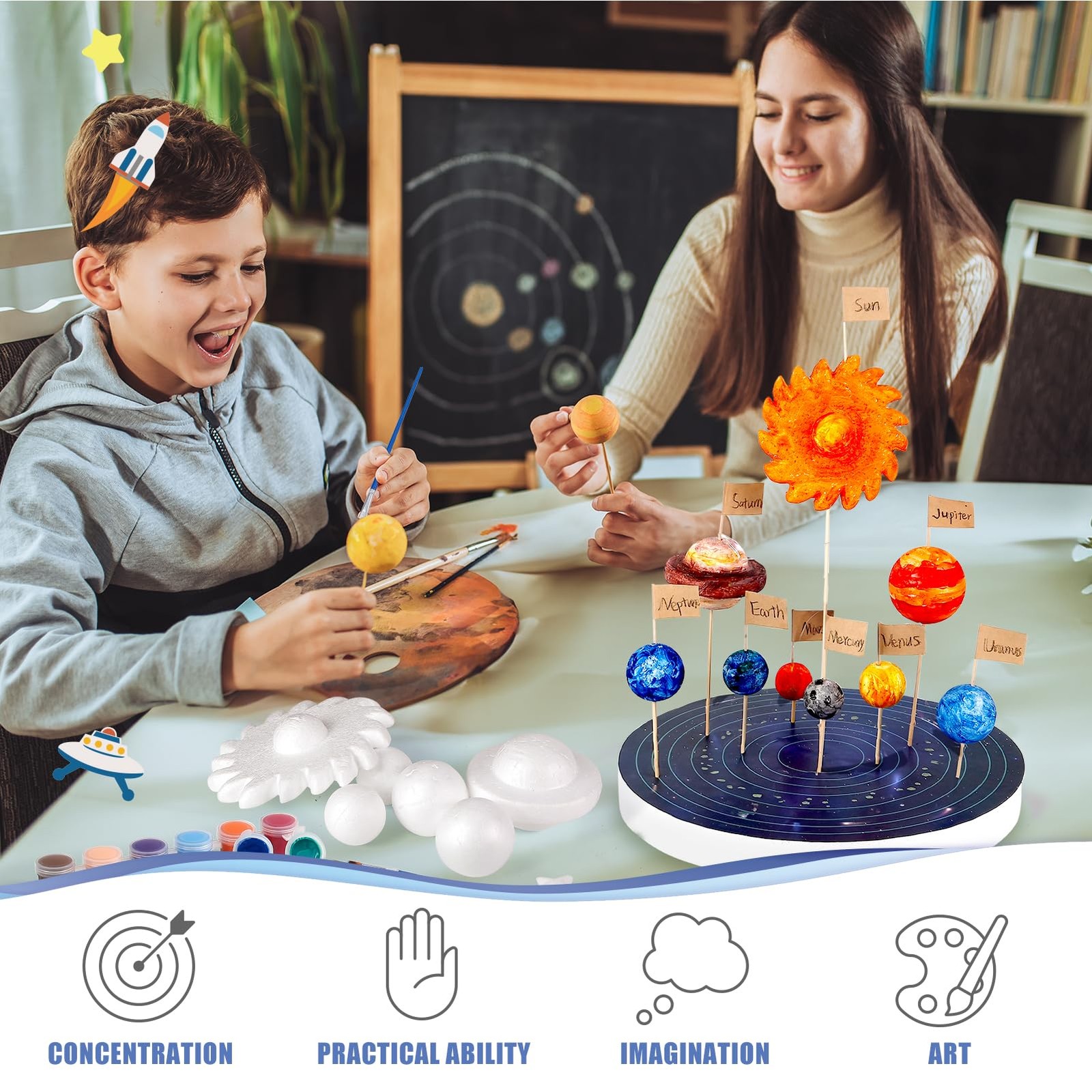 Pllieay Solar System Model Kit, Includes Foam Cylinder, Mixed Sized Foam Balls,