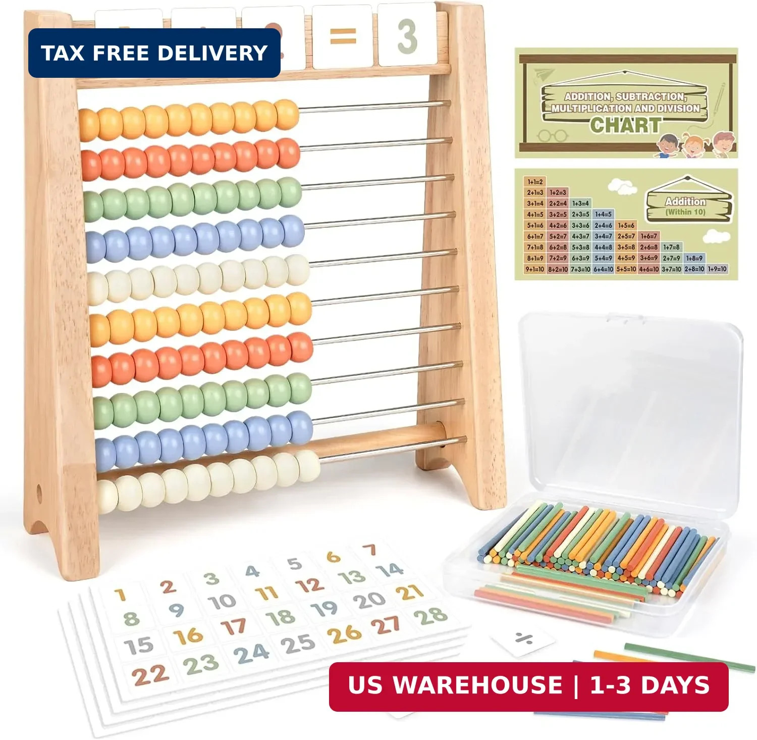 Abacus for Kids Math – Wooden Abacus with 100 Counting Sticks and 112 Math Cards