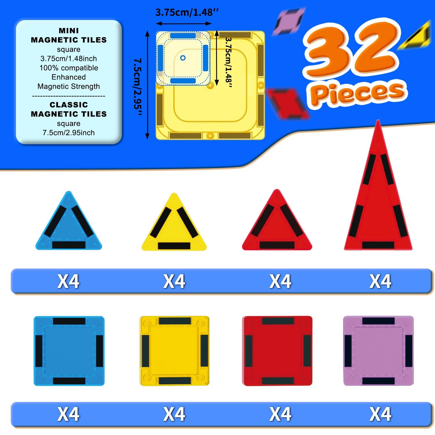 Mini Magnetic Tiles for Kids, Size, Red, Yellow, Green, Blue