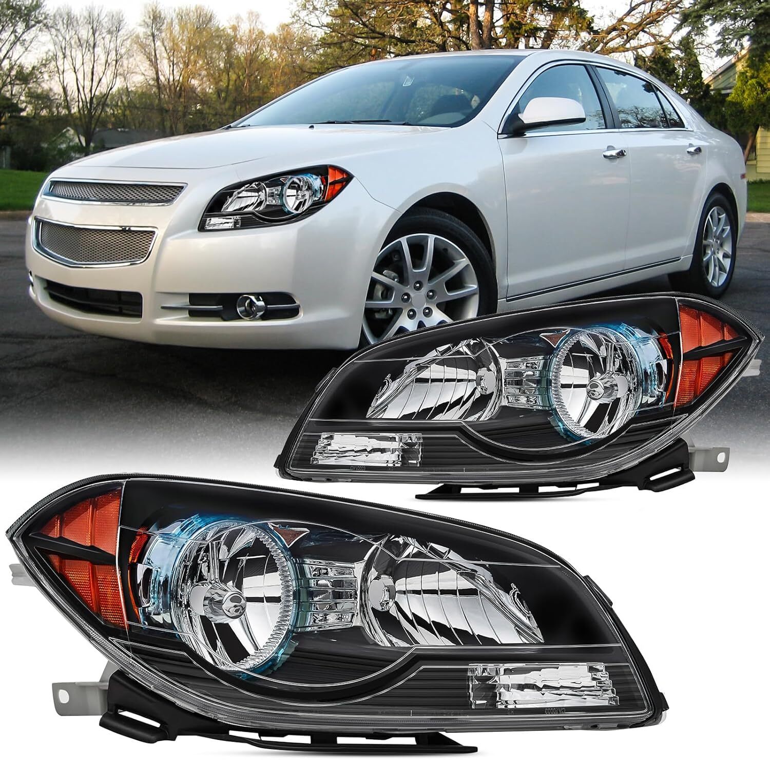 08-12 Chevy Malibu Headlight Assembly Pair Black Housing Amber Corner Clear Lens