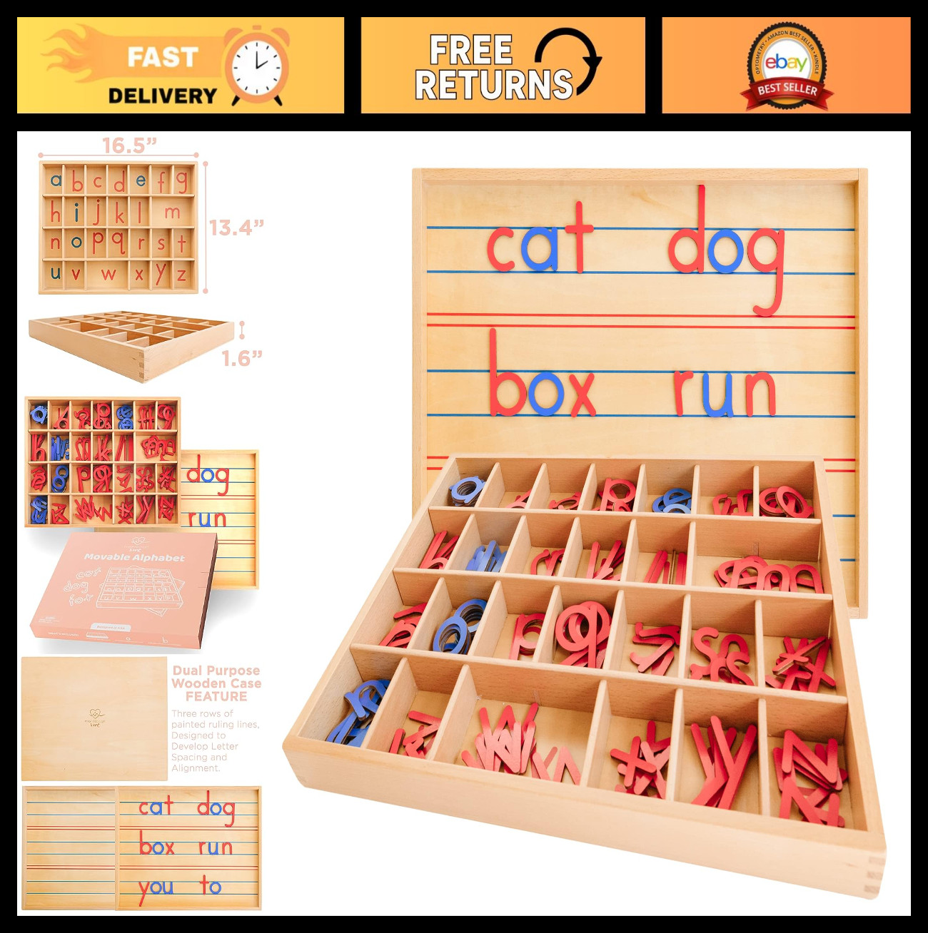 Montessori Wooden Moveable Alphabet Letters Set – Lowercase for Writing & Spelli