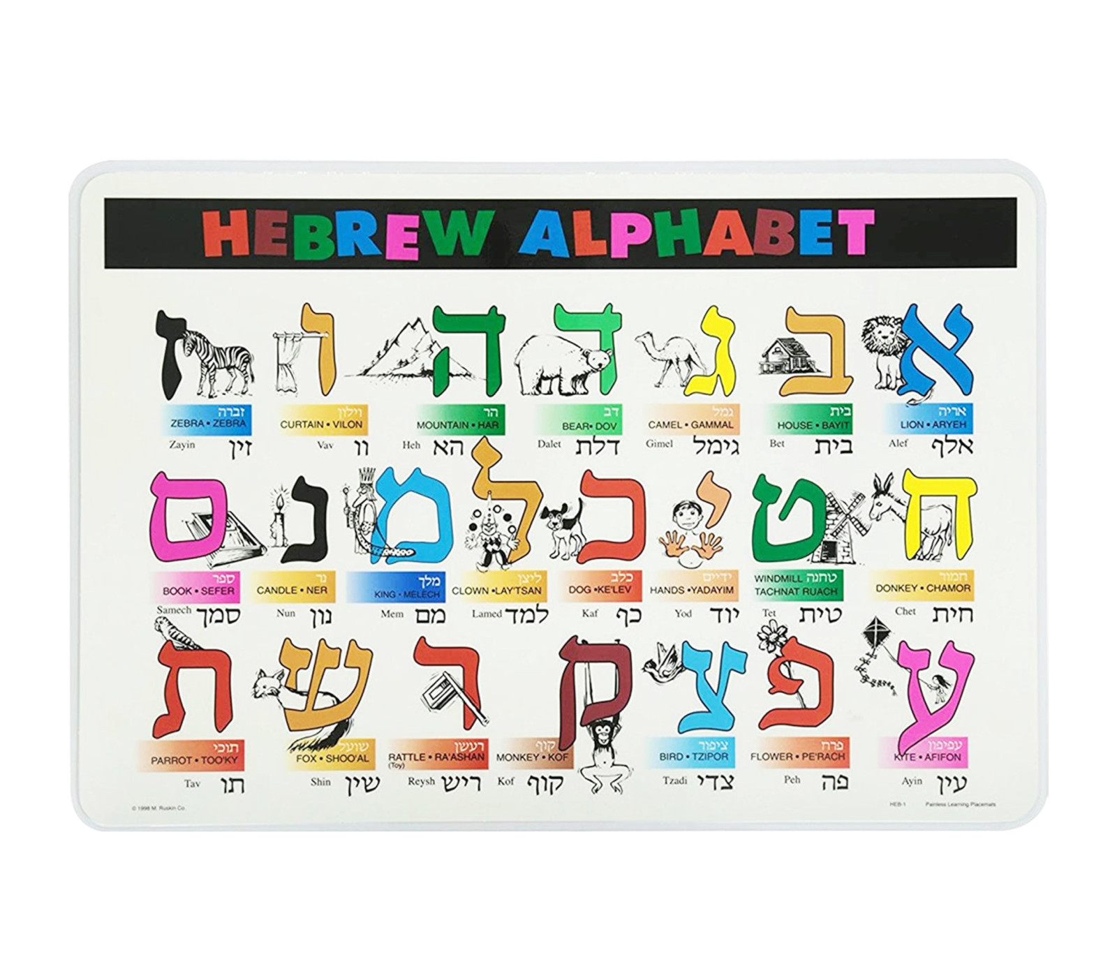 Hebrew Alphabet Placemat for Learning Hebrew Letters & Hebrew Vocabulary