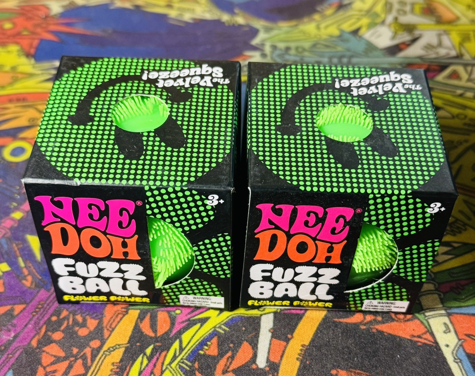 NeeDoh Nee Doh Fuzz Ball GREEN Squeeze Toy USA 100% Authentic Set/Lot X2