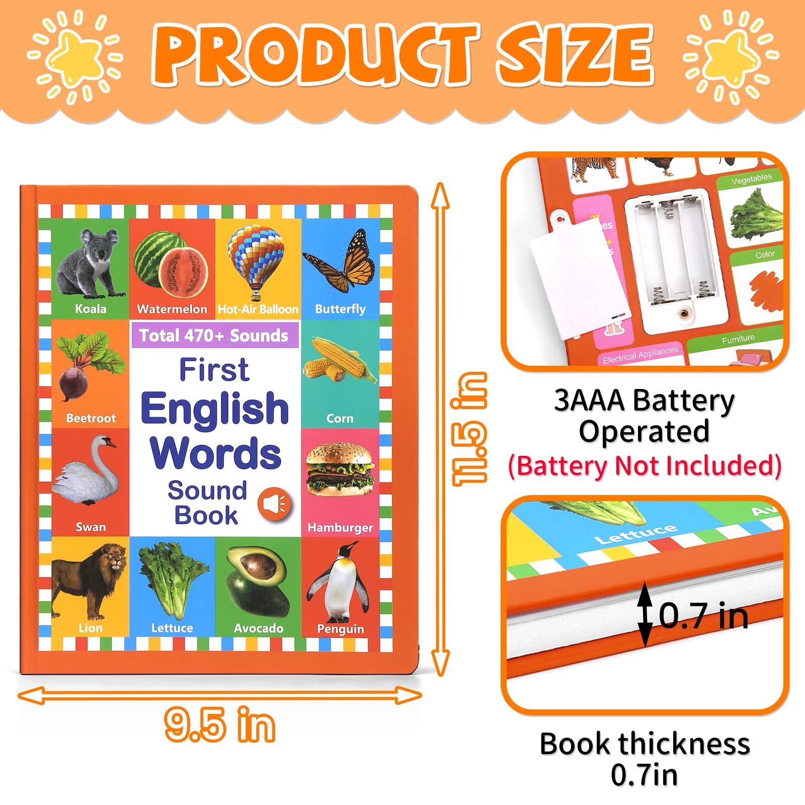 Arnbz My First English Words Sound Book Toy, 9.7*11.6in, 470+