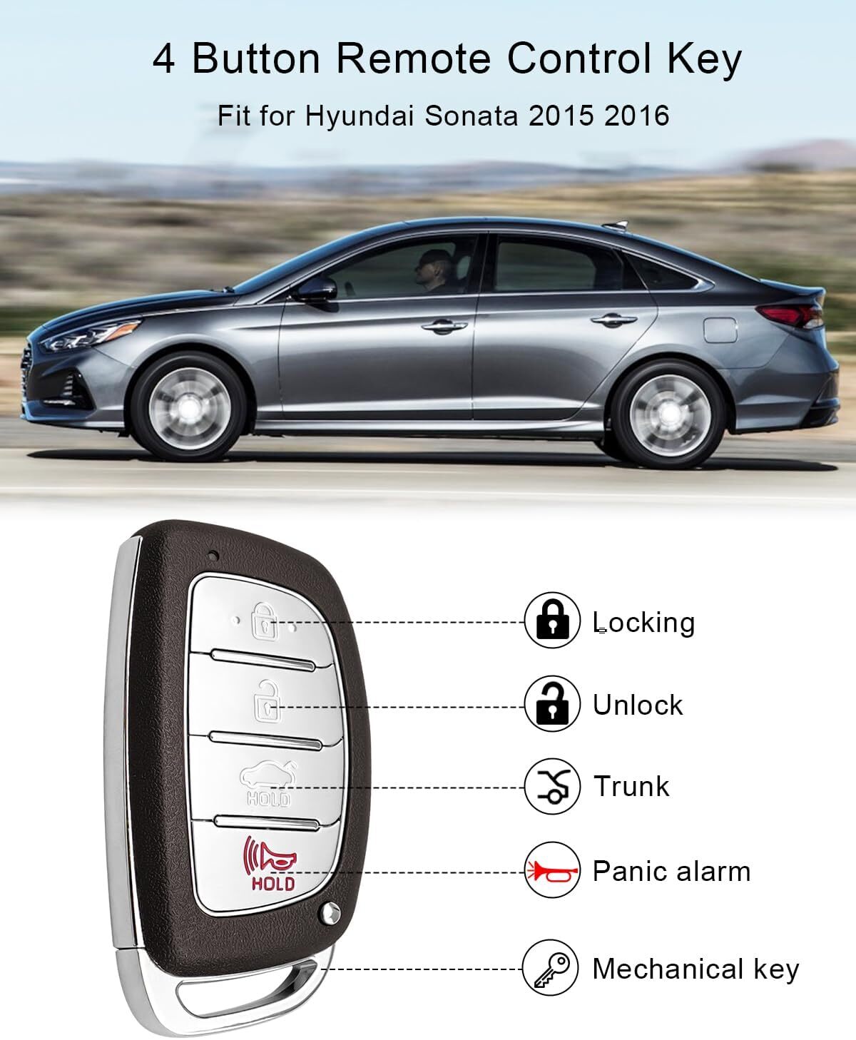 Smart Car Key Fit for Hyundai Sonata 2015 2016 2017, Keyless Entry Remote