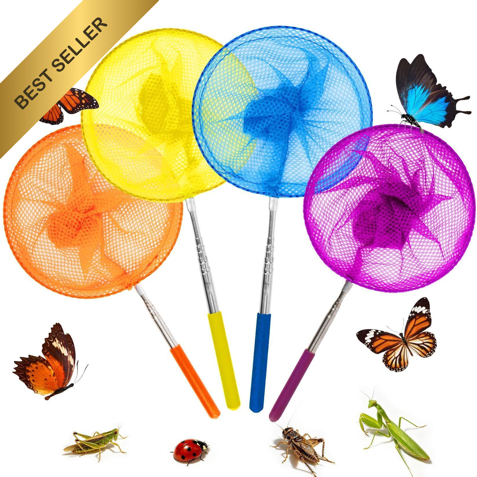 4Pcs Kids Telescopic Butterfly Fishing Net Extendable 34″ Insect Bug Catcher Toy