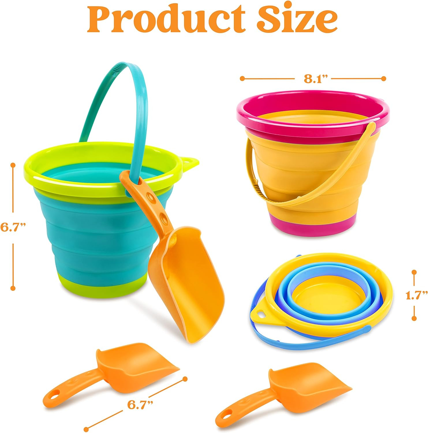 JOYIN 3 Packs Foldable Pail Bucket with Shovels & Mesh Bag, Collapsible Buckets