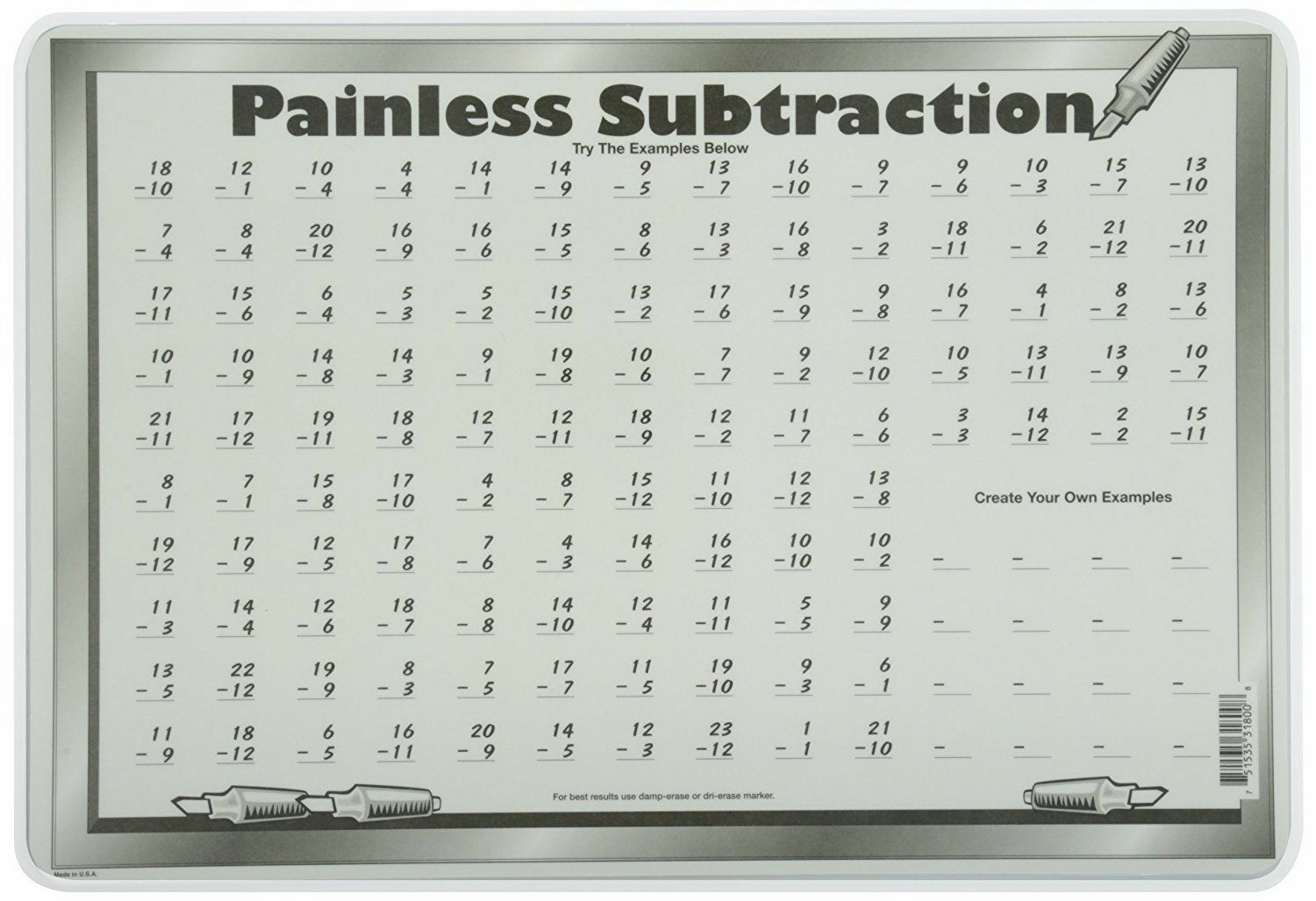 PAINLESS SUBTRACTION Early Math Skills Educational SCHOOL Homeschool PLACEMAT