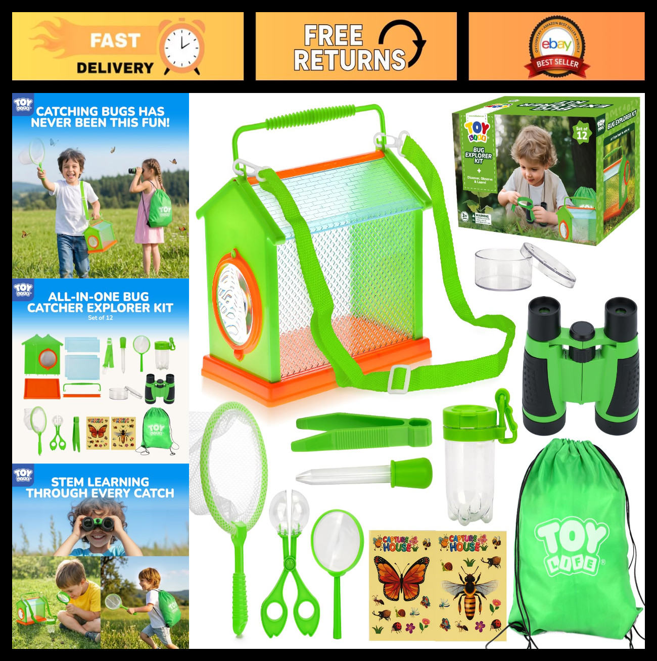 Kids Bug Catcher Kit – Explorer Set with Net, Tweezers, Magnifying Glass & Binoc