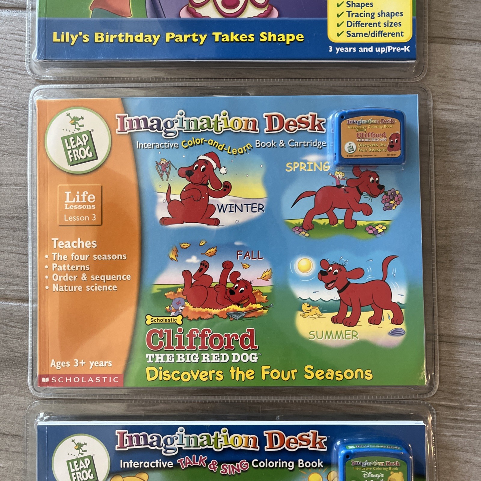 Leap Frog Set Of 3 Imagination Desk Book & Cartridges Disneys Pooh Clifford Lily