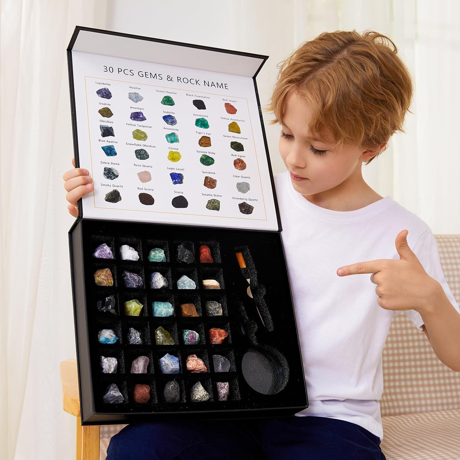 Collection for Kids – 30 Pcs Rocks, Gemstones & Crystals Kit with Learning Guide