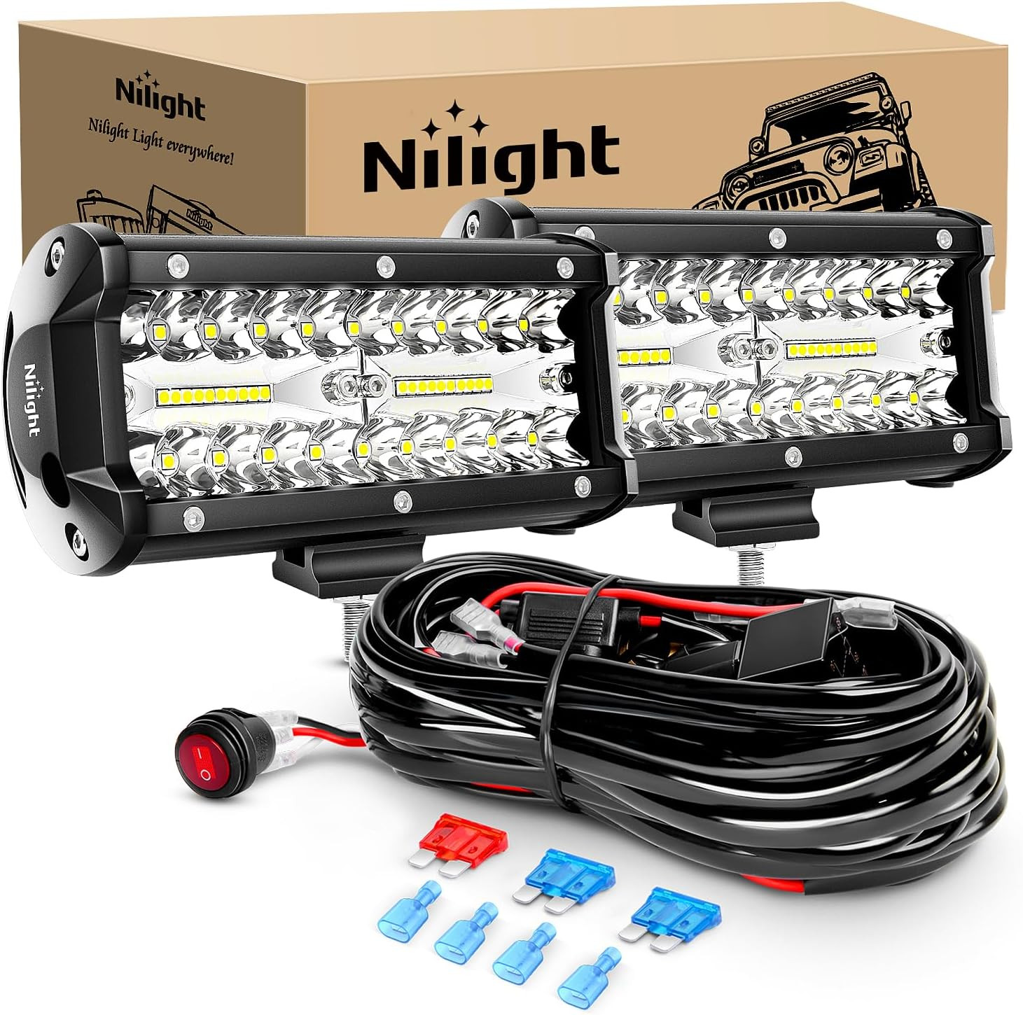 ZH303 2PCS 6.5 Inch 120W Spot & Flood Combo Driving 16AWG Wiring Harness for Led