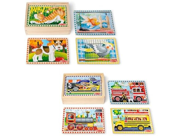 Melissa & Doug Wooden Puzzles 8pk Car Train Bus Fire Truck Cat Fish Dog Bird