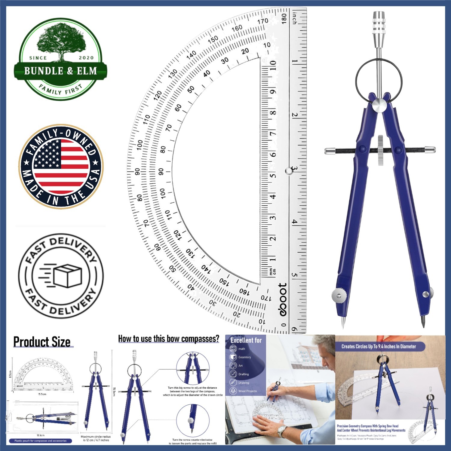 Portable Geometry Compass and 6 Inch Protractor for Students and Designers