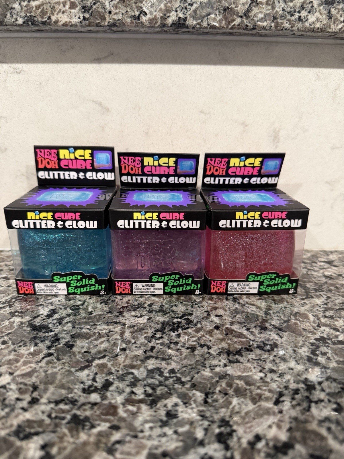 Lot Of 3 NeeDoh Nice Cube Glitter Glow Purple Pink Blue Squishy Toy Nee-Doh NIB
