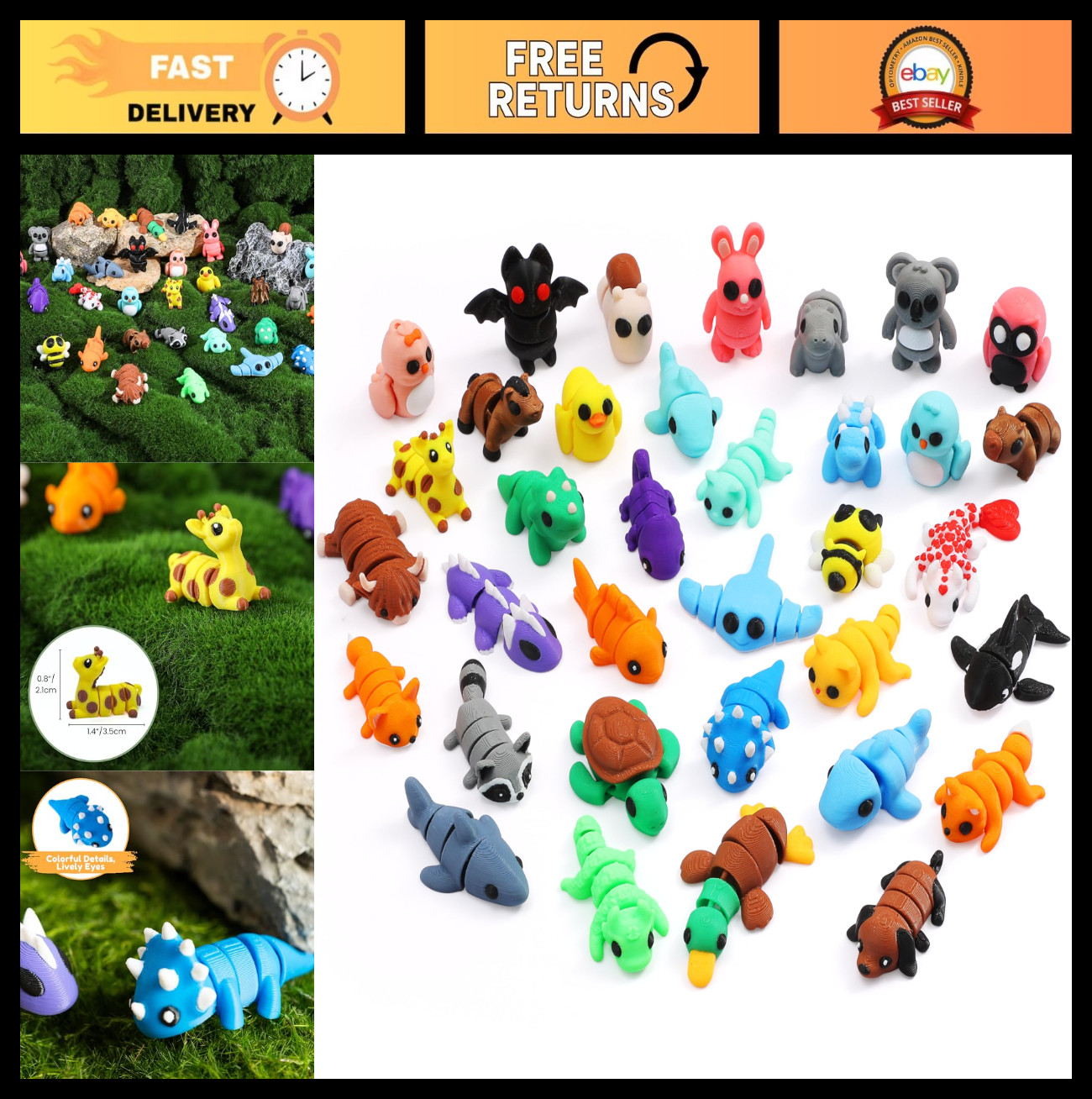 35 pcs Mini 3D Printed Animal Figurines – Flexible Fidget Toys, Cute Desk Decor,