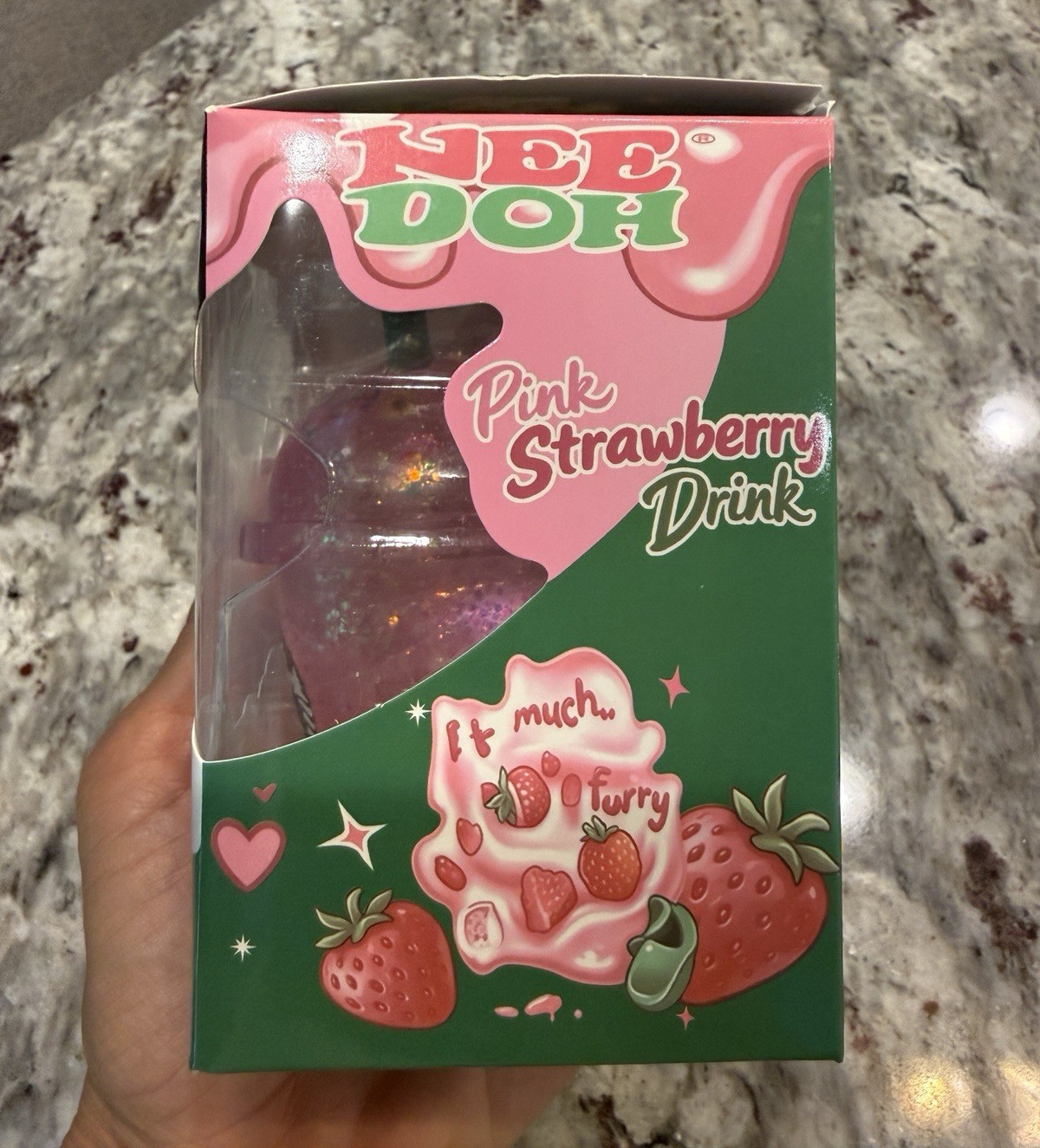 NeeDoh Super Squishy Strawberry Drink Squeeze Toy Pink Green RARE. LARGE