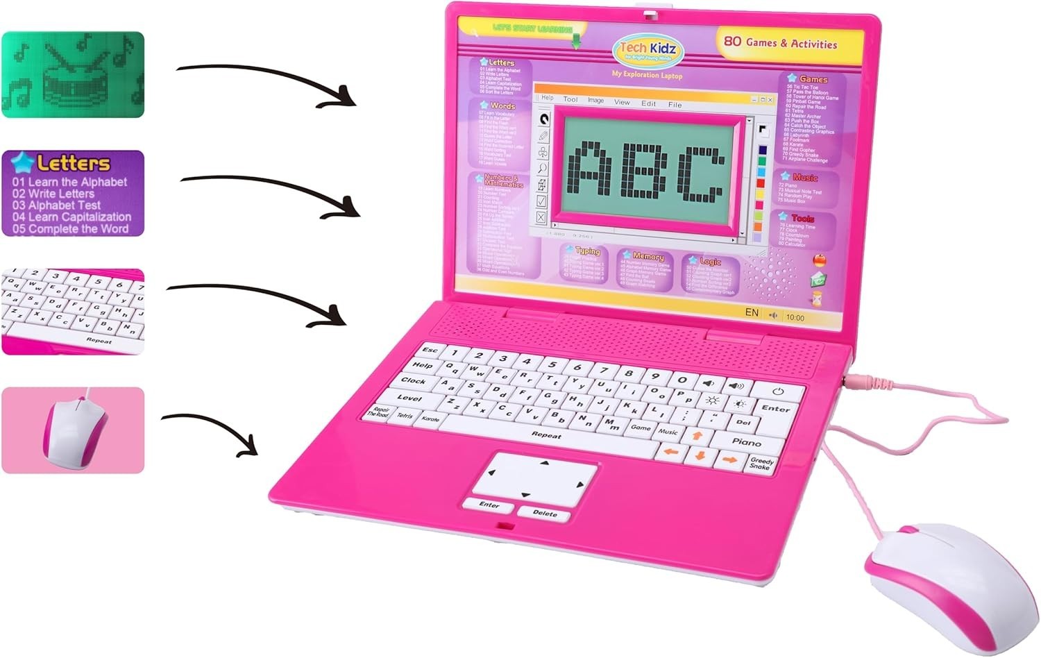 Tech Kidz Toy Computer Laptop Computer 80 Challenging Learning Activities (Pink)