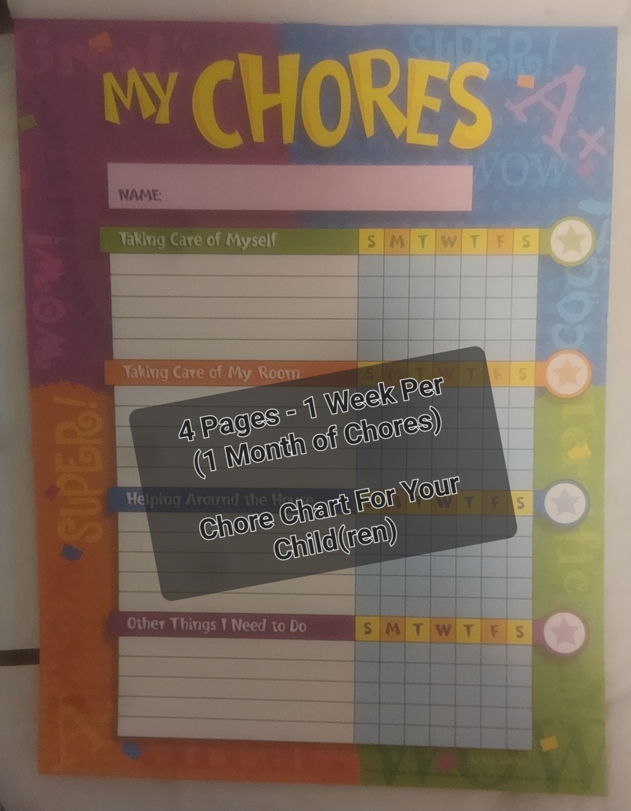Child’s Chore Chart – 1 Month Of Chores To-Do List – 4 Pages- 1 Week Per Page
