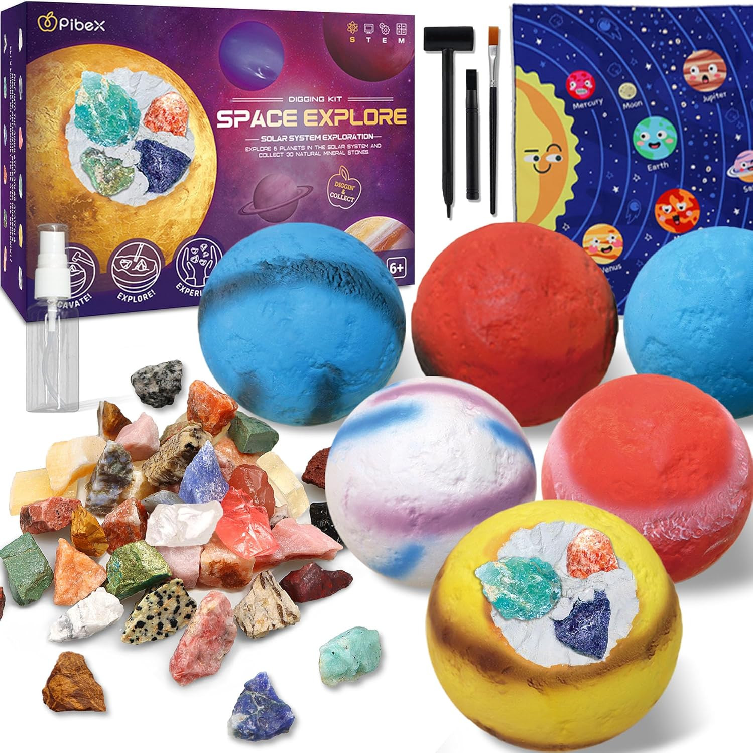 Gemstone Dig Kit, Dig up 30 Rocks & Minerals from 6 Solar System Planets, Archae