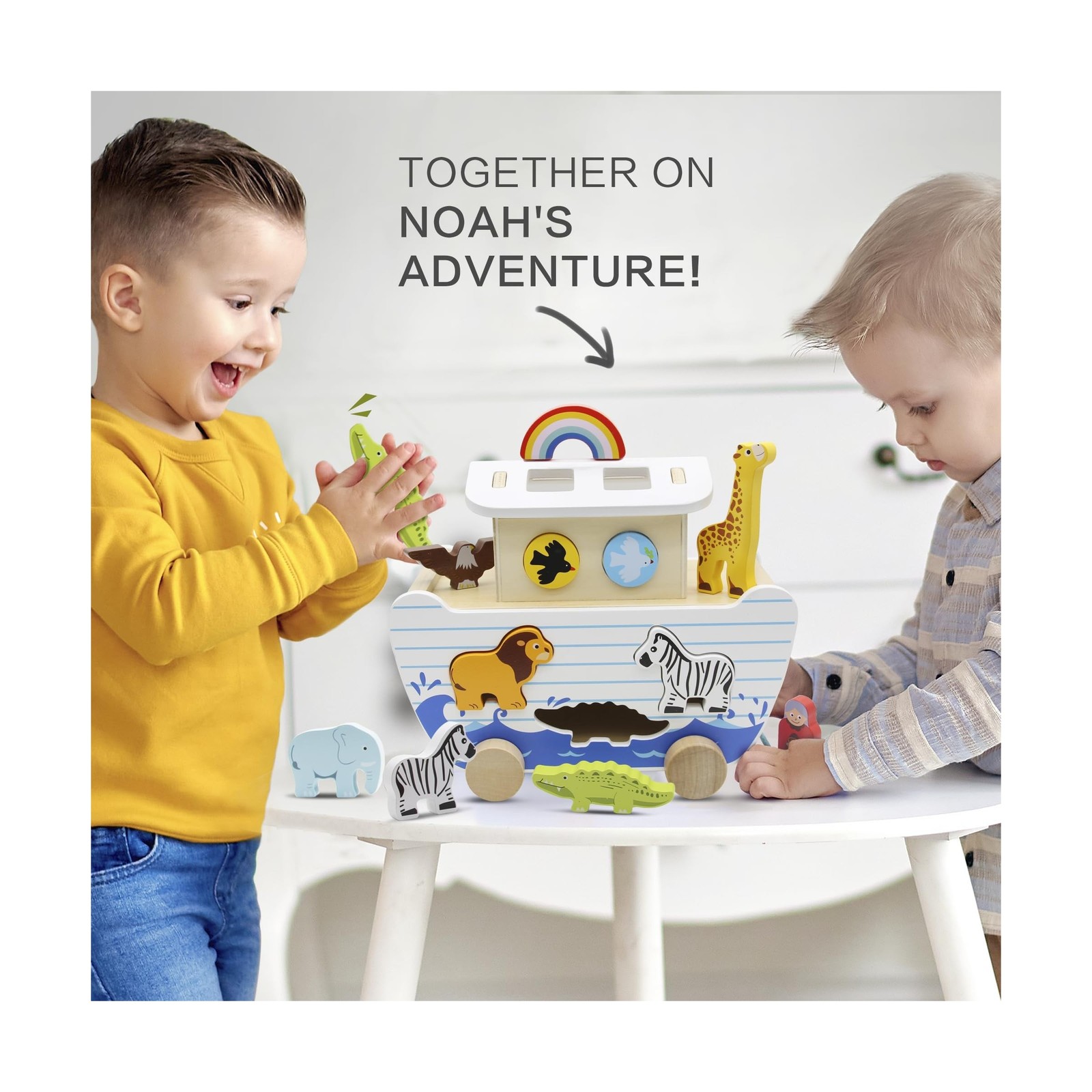 Noah’s Ark Wooden Toy Set, Educational Wooden Animal Toys for Toddl… Fast Ship
