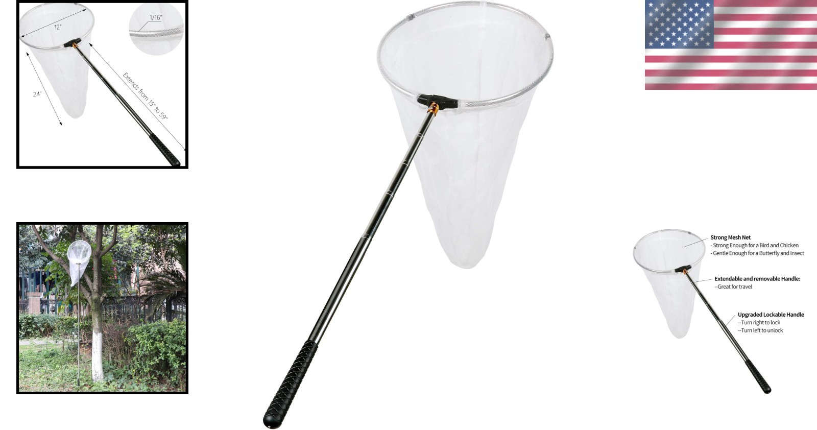 Professional Butterfly Net with 12″ Ring, 59″ Telescopic Handle, Durable Design