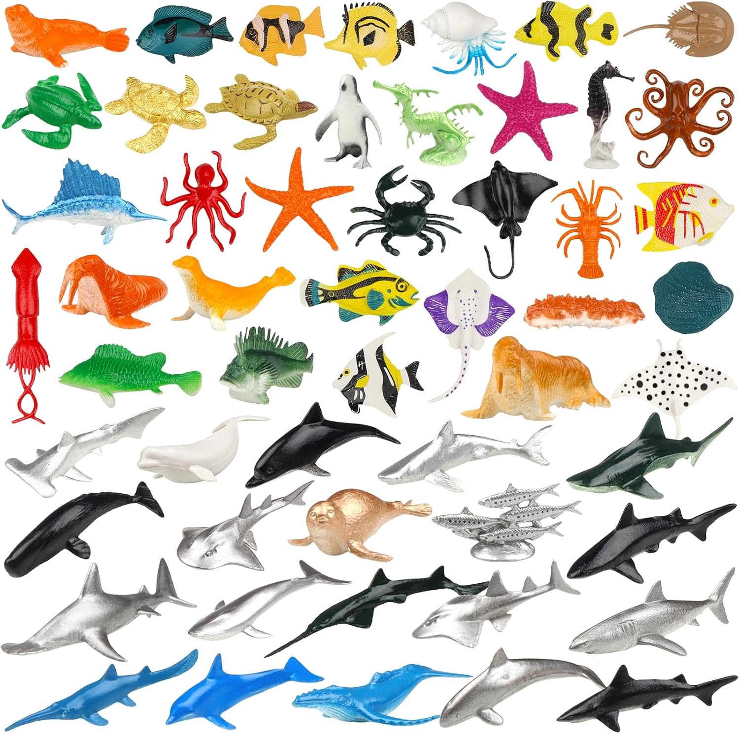 54 Pack Assorted Mini Vinyl Plastic Ocean Sea Animal Figures Toy Set, Realistic