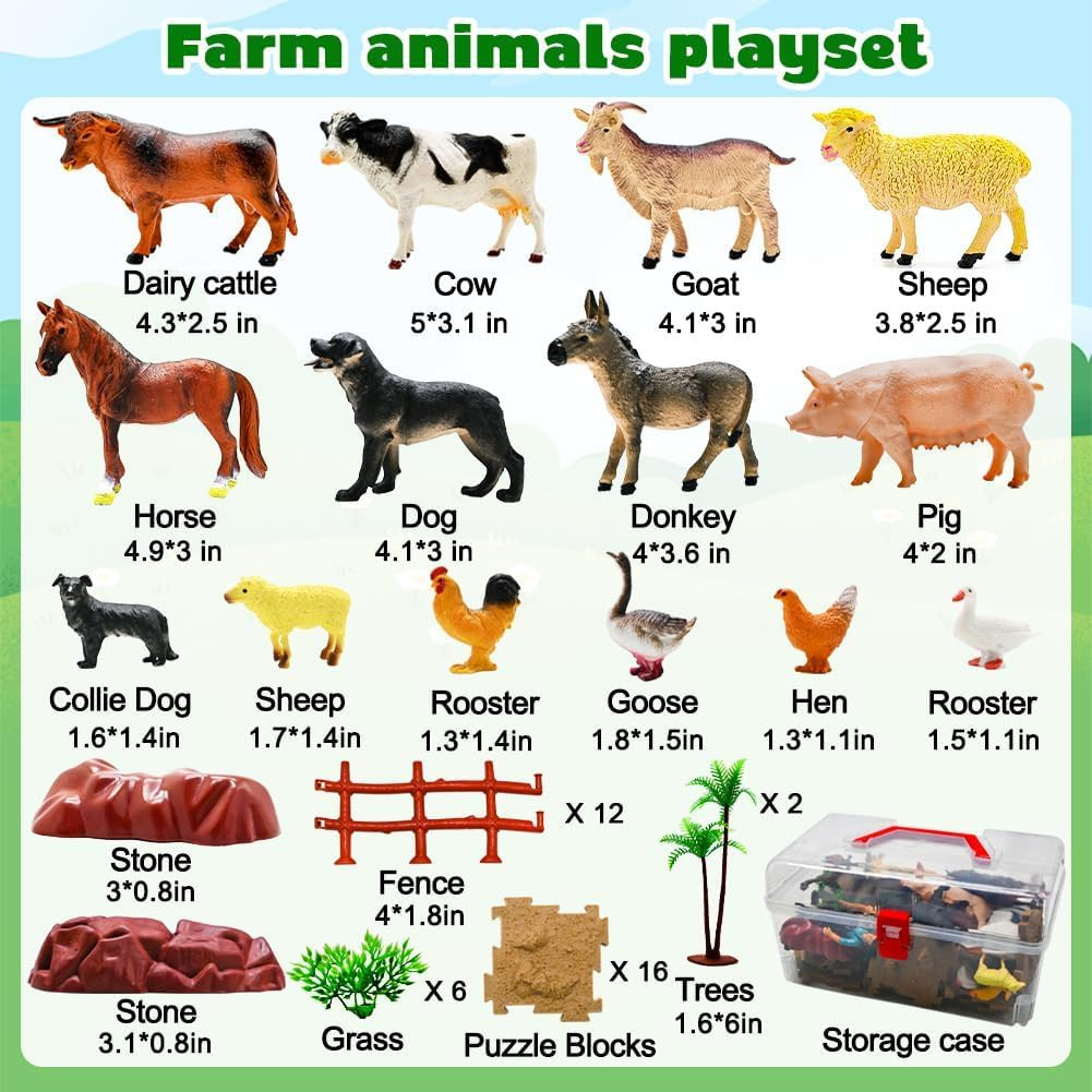 Farm Animal Figurines Playset 53 Pcs Plastic Toys Fences Blocks Kids