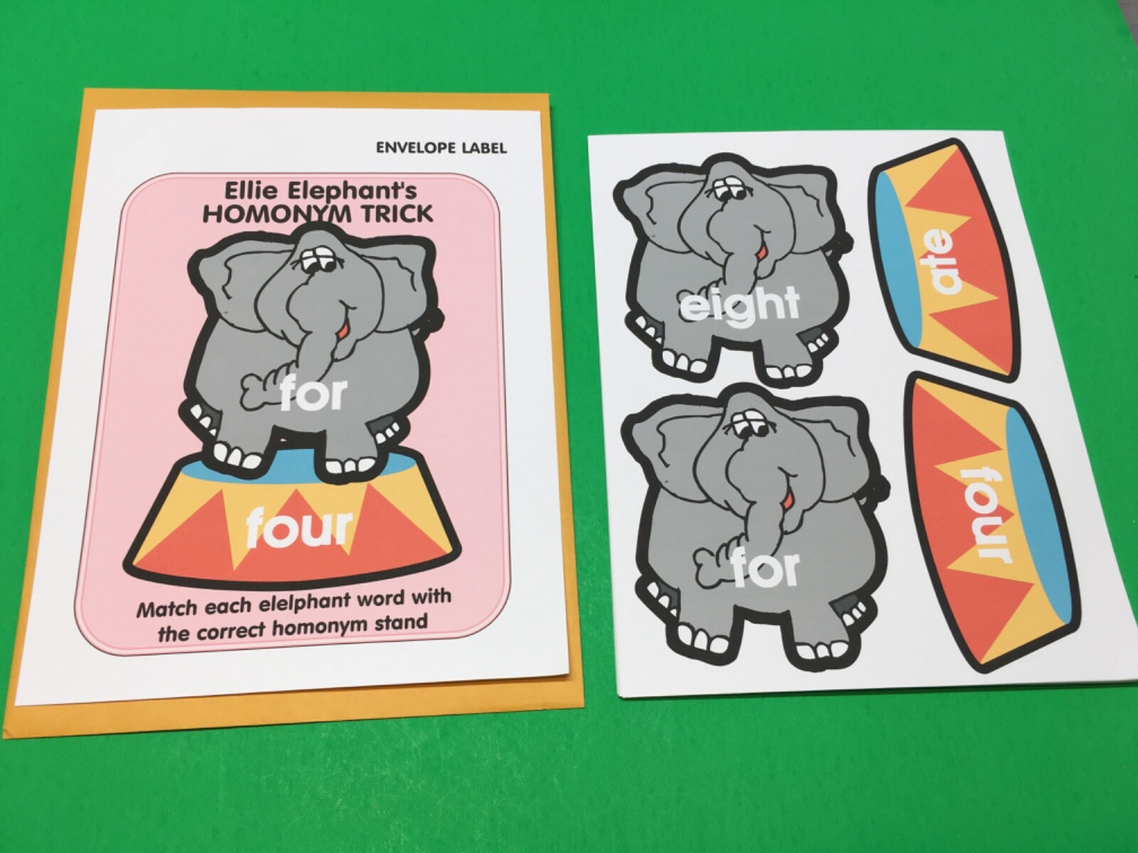 Ellie Elephant’s Homonym Trick – DIY Envelope Game PRINTED