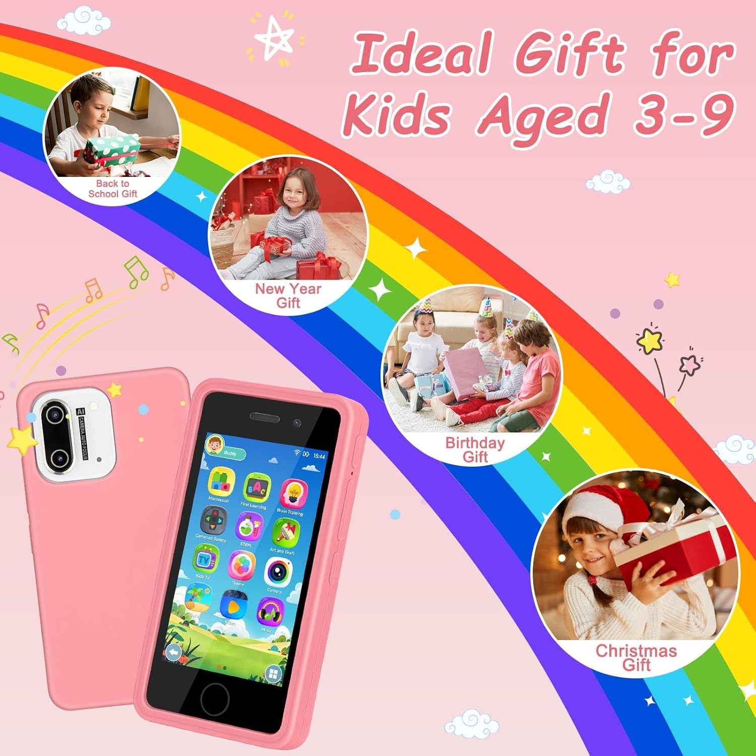 Toddler Smart Phone Pink, 3.97″ Touchscreen, 200+ Games, 5 Storybooks, Ages 3-9