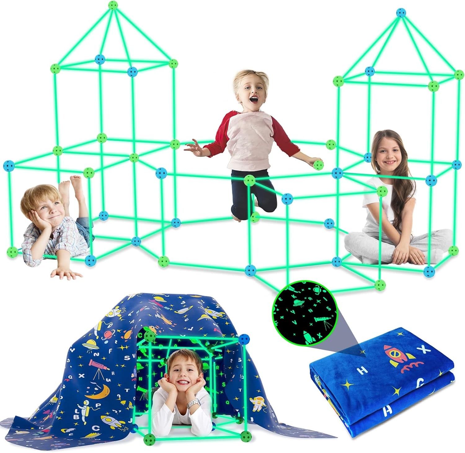 160PCS Glow in the Dark Fort Building Kit STEM for Kids 4-12