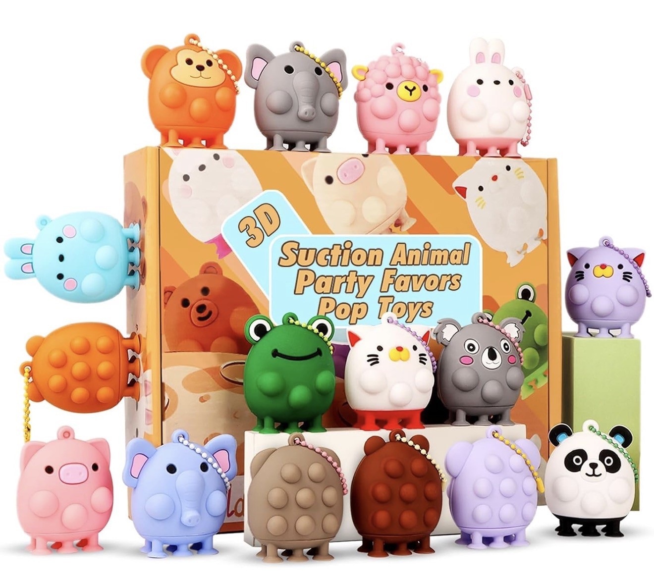 3D Animal Suction Pop Toys Variety Lot (12 Pieces Plus Box)