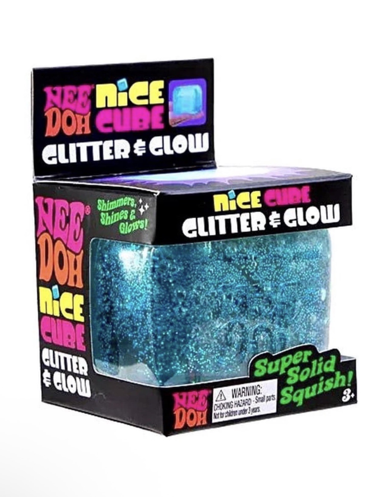 NeeDoh Nice Cube Glitter and Glow, Nee Doh Squishy, Glowing Ice Cube BLUE