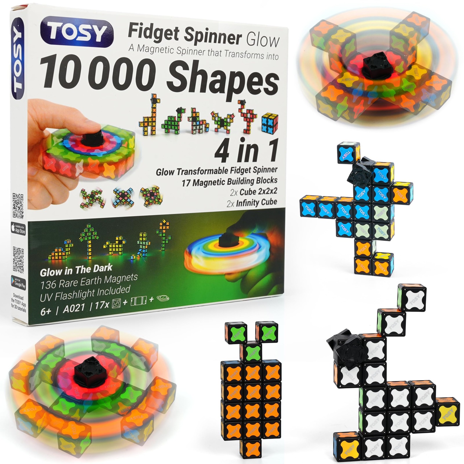 TOSY Magnet Fidget Spinner Glow – 16 Blocks, 3in1 Toy: Transformable B