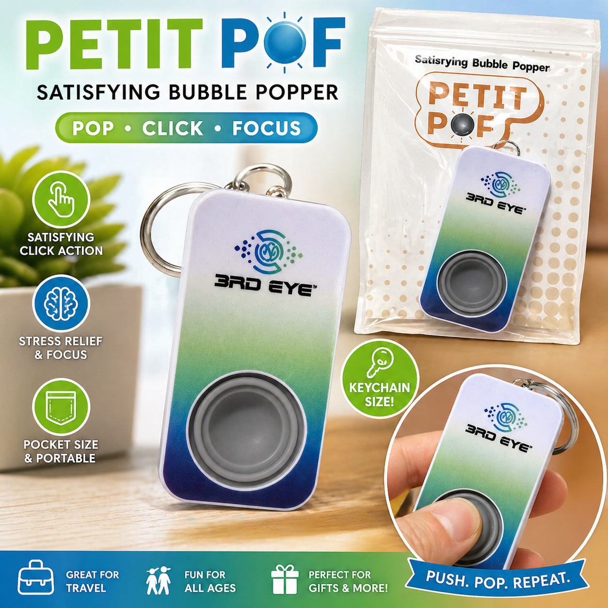 3RD EYE Petit Pop Bubble Popper Keychain Fidget Toy Stress Relief Mini Clicker