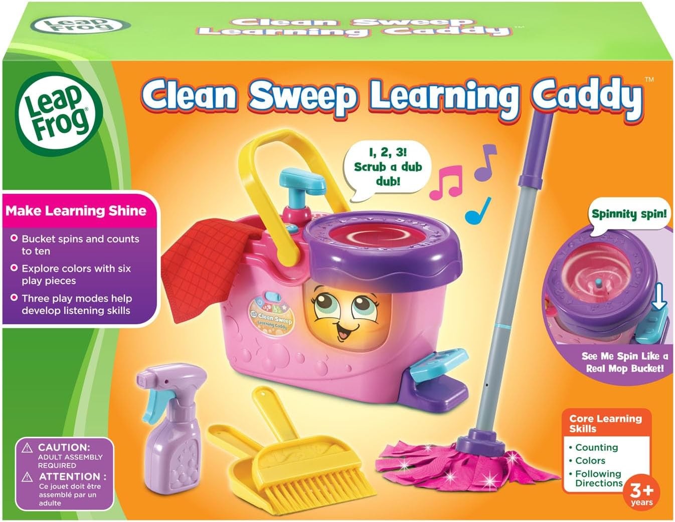 Clean Sweep Learning Caddy, Kids Mop & Broom Cleaning Toy Set for Ages 3-5, Pink