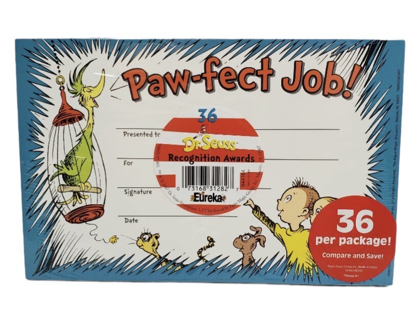 3 Packs – Dr Seuss «Paw-fect Job!» Recognition Awards 36 Count New