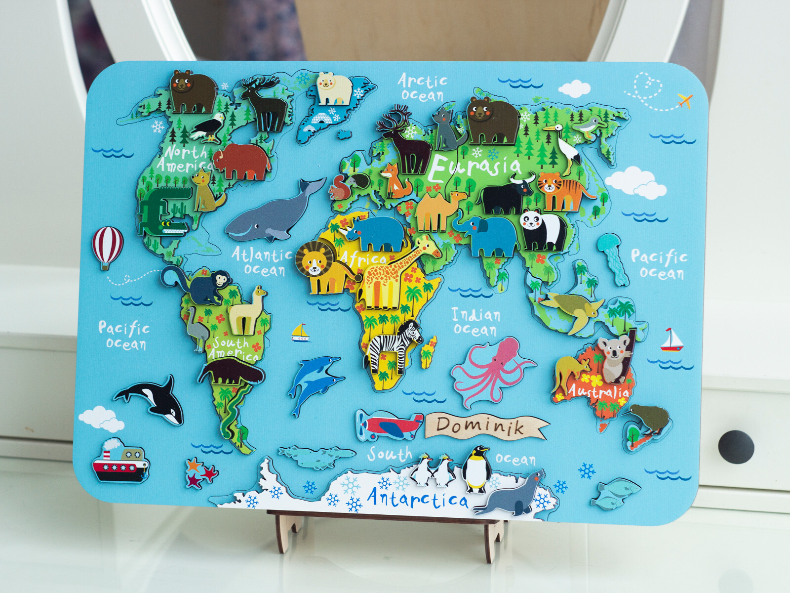 World Map with Animals Toy Puzzle Baby Gift Kids Wood