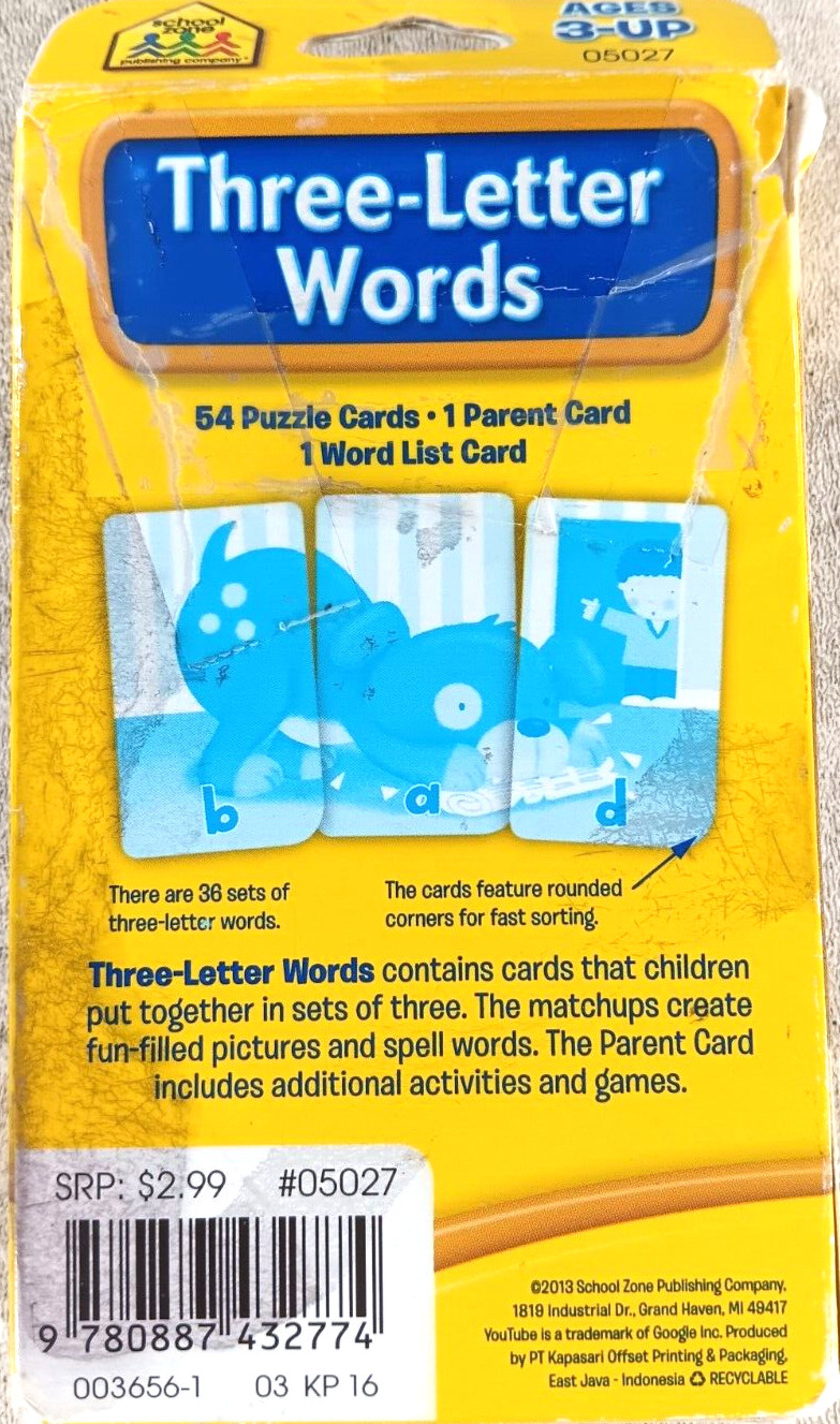 School Zone Three Letter Words Flash Puzzle Cards Learning Game Educational