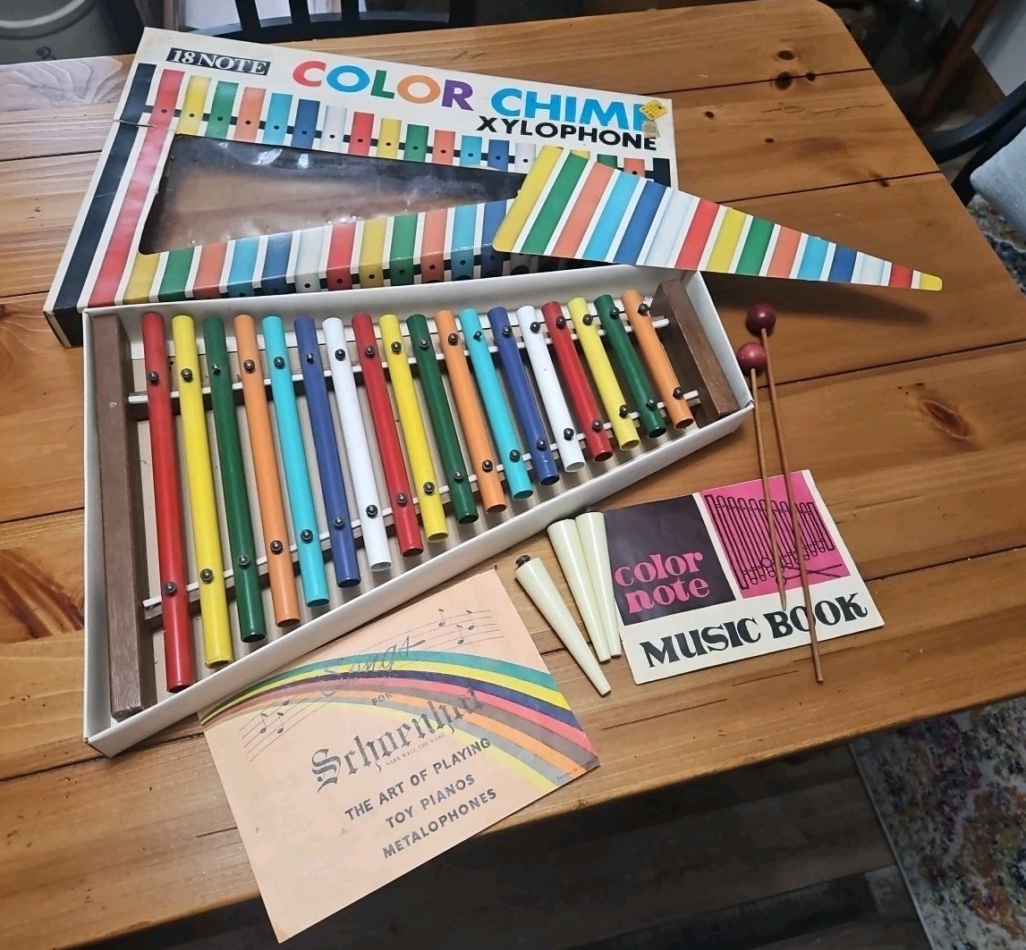 Vtg 1980s 18 Note Color Chime XYLOPHONE Complete Pipes Mallets Songs Japan