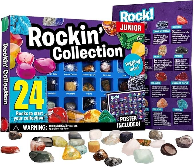 Rock Collection 24 Pcs Gemstones for Kids Geology Kit with Tiger’s Eye Rose