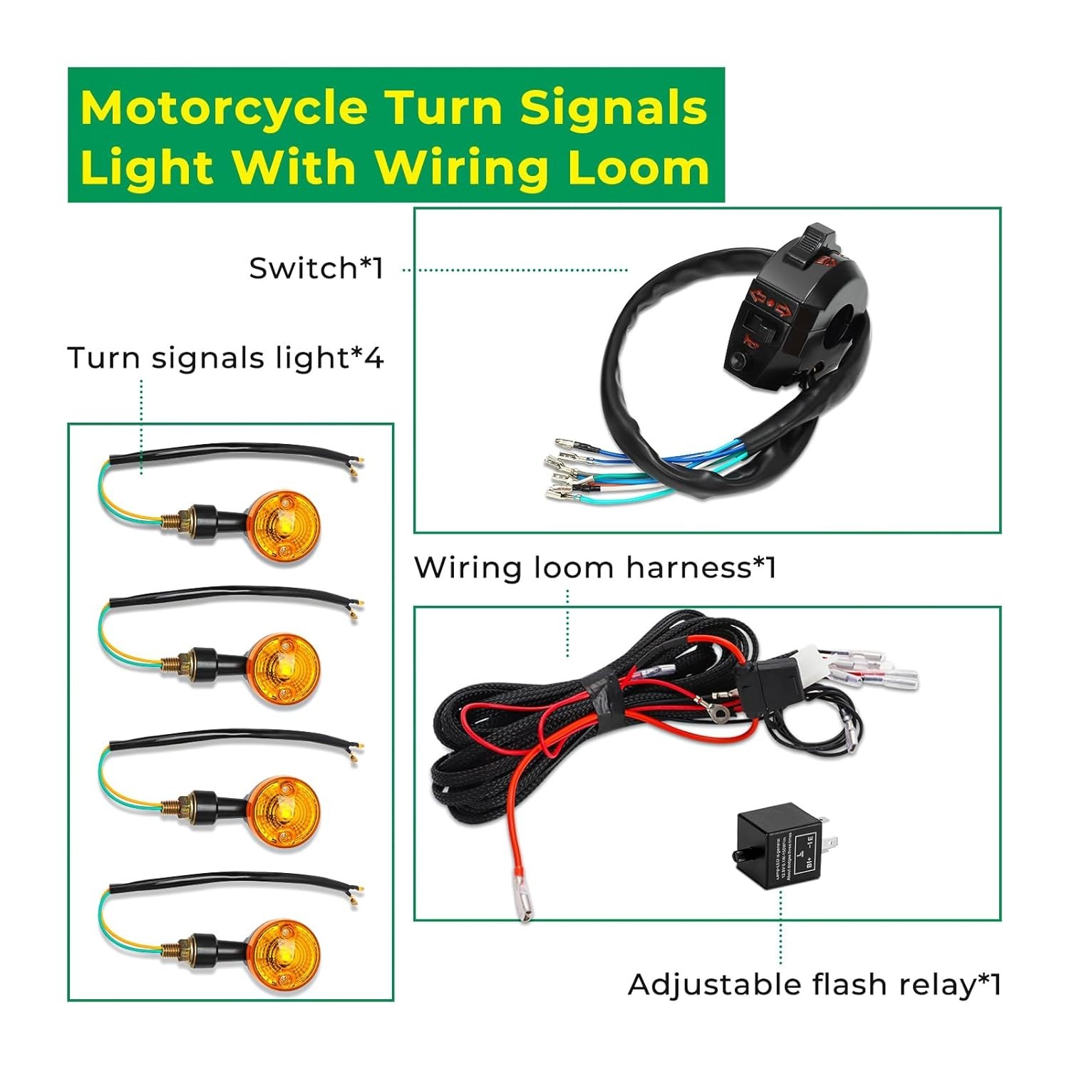 Alpha Rider Motorcycle Turn Signals Light with Wiring Loom Harness Kit Indicator