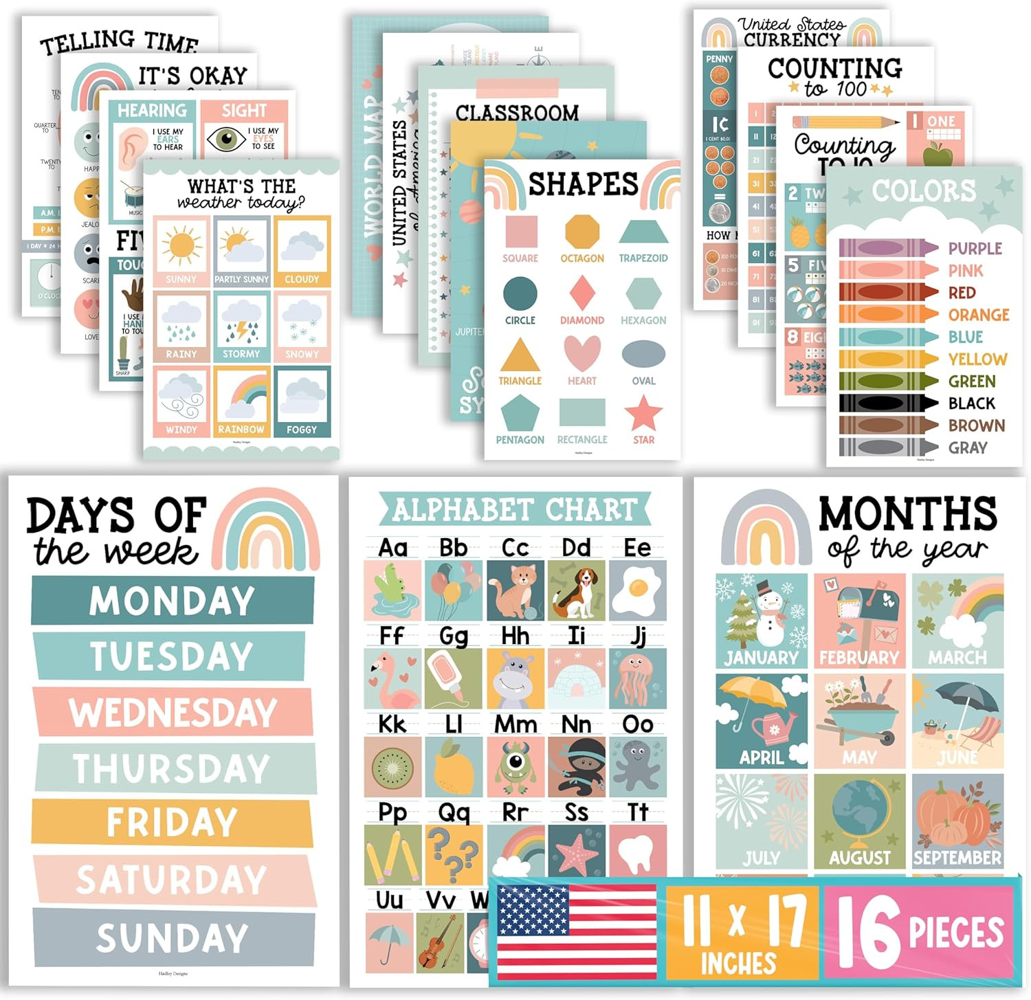 Educational Posters for Toddlers 1-3 Set of 16 Alphabet Learning Charts